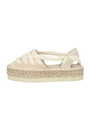 Sandalia espadrille beige con upper de tela trenzada, suela de yute y tira trasera a cuadros. Diseño plano con detalles texturizados.