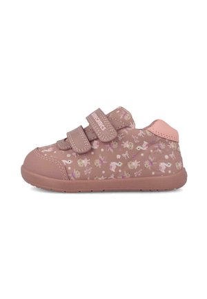 Zapato rosa para niño pequeño con dibujos de unicornios y flores, dos tiras de velcro para abrochar y áreas reforzadas en la puntera y el talón.