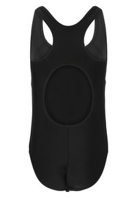 Maillot de bain noir avec un design dos nageur, doté d'une découpe ovale dans le dos, fabriqué à partir d'un matériau lisse et extensible.