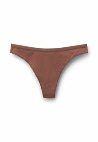 Brauner Baumwoll-String mit glatter Textur, minimalistischem Design und schmalem Bund, ohne sichtbare Muster oder Akzente.