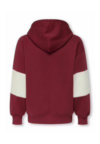 Burgundia värvi kapuutsiga särk, mille varrukatel on valge triibuline detail. Omab pehmet tekstuuri, vabamat lõiget ning soonikkuvarrukaid ja -ääri.