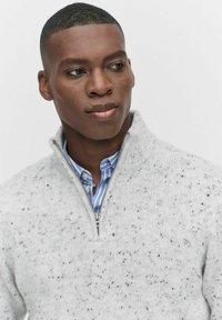 Grå zip-up sweatshirt med svarta fläckar, hög krage, bärs över en blå och vitrandig skjorta. Slät textur och figurnära design.