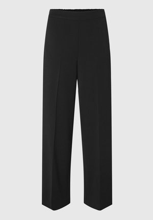 Black wide-leg trousers with a smooth, woven texture. Elastic waistband and no visible fastenings. Straight silhouette with tailored lines.