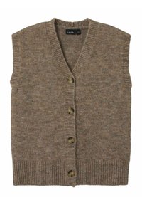 Brun stickad ärmlös cardigan med V-hals, fem knappstängningar och ribbad fåll. Tillverkad av en mjuk ullblandning med en texturerad yta.