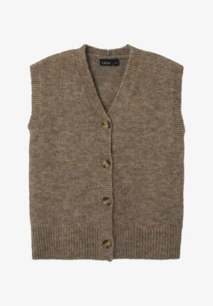 Cárdigan sin mangas de punto marrón con escote en V, cinco botones y dobladillo acanalado. Hecho de una suave mezcla de lana con un acabado texturizado.