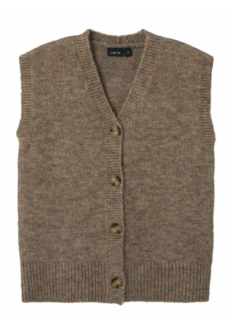 Brun stickad ärmlös cardigan med V-hals, fem knappstängningar och ribbad fåll. Tillverkad av en mjuk ullblandning med en texturerad yta.