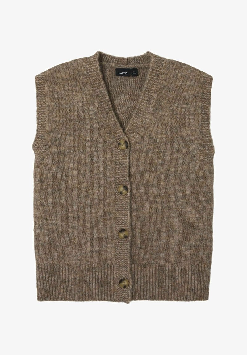 V-aukko, viisi nappia ja ribbihelma, ruskea neulottu ilman hihoja oleva kardigan. Valmistettu pehmeästä villasekoitteesta, jossa on teksturoitu pinta.