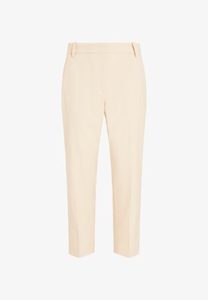 Tejkrém színű nadrág, egyenes, testre szabott fazonnal. Sima anyag, cipzáras replika és övfogók. Nincsenek látható minták vagy díszítések.