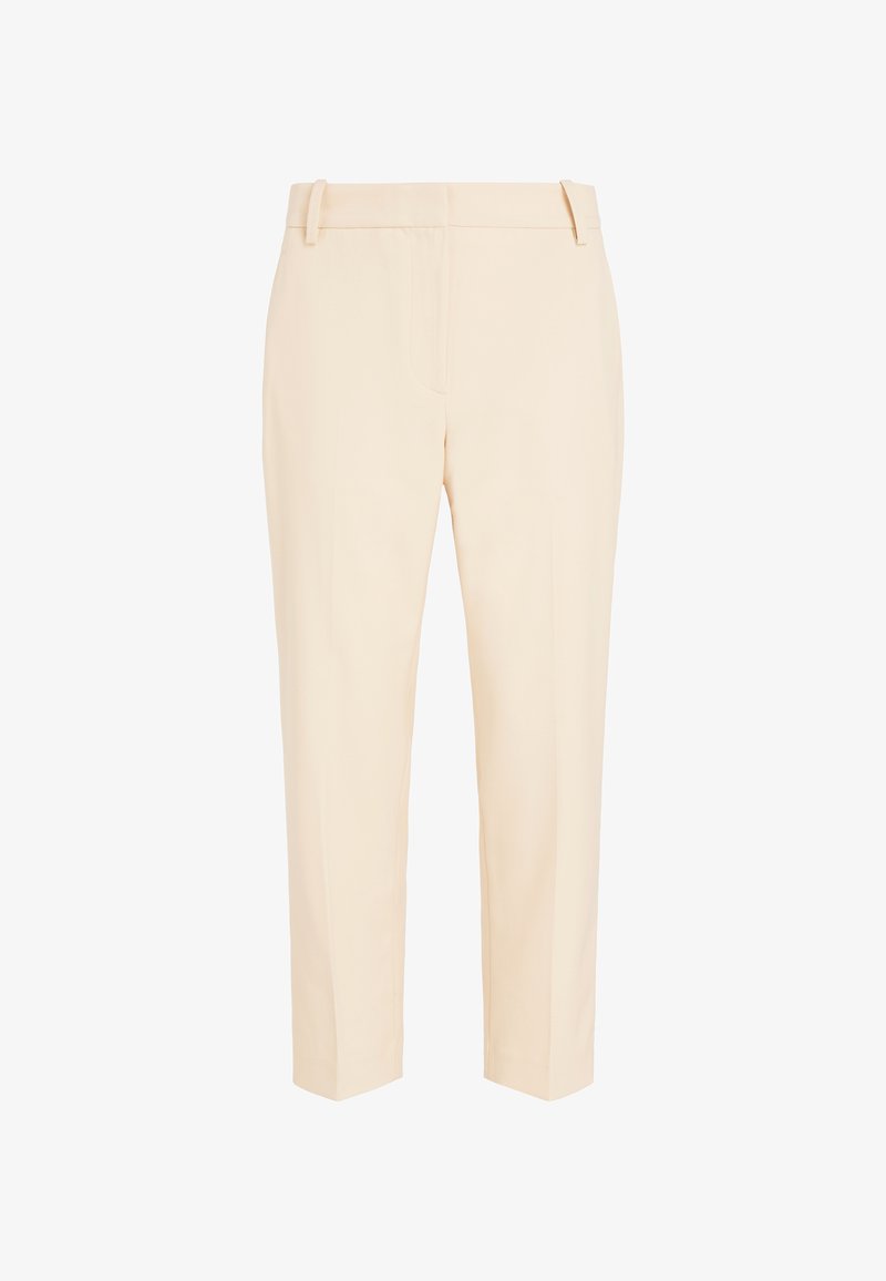 Pantaloni di colore crema con un design dritto e sartoriale. Tessuto liscio, apertura con cerniera e passanti per cintura. Nessun motivo o decorazione visibile.