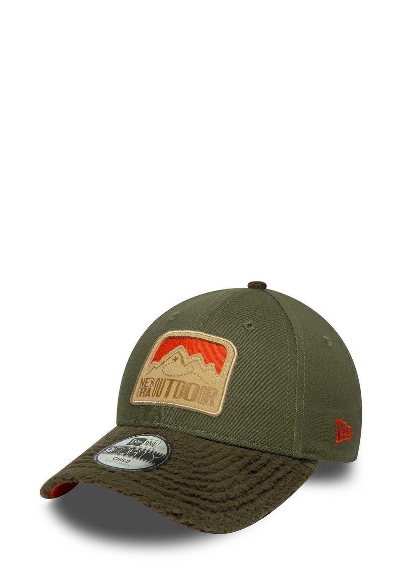 Green baseball cap with a textured brown bill. Features a patch with mountains in red and tan. Constructed from durable fabric.