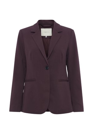 Blazer ajusté bordeaux avec une fermeture à un bouton, col à revers, deux poches avant et une texture lisse. Doublure intérieure visible au niveau du cou.