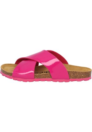 Pink patent slide sandal with two crossed straps, cork insole, and textured rubber outsole. Minimalist design with smooth finish.