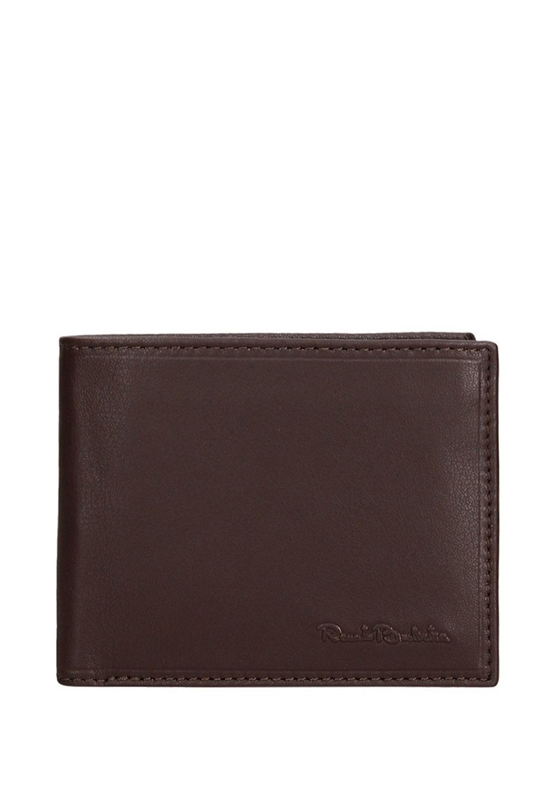 Bruine leren portemonnee met een gladde textuur, bi-fold ontwerp en minimalistische uitstraling. Heeft subtiele stiksels en een geperst logo.