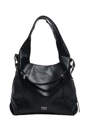 Schwarze Lederhandtasche mit breitem Riemen, geflochtenem Detail vorne und "BIMBA Y LOLA" Logo unten in der Mitte.
