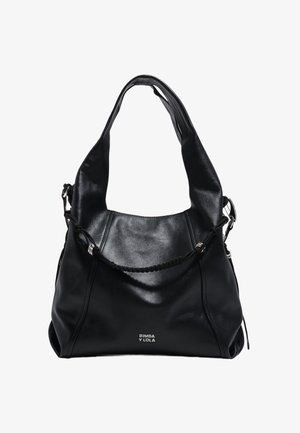 Schwarze Lederhandtasche mit breitem Riemen, geflochtenem Detail vorne und "BIMBA Y LOLA" Logo unten in der Mitte.