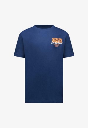 Navyblauw katoenen t-shirt met korte mouwen, een ronde hals, met een grafisch ontwerp aan de voorkant in oranje met zonnestralen en tekst.