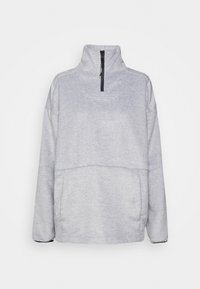 Pullover de lã cinza com colarinho alto, fecho de meio-zip e mangas longas. Apresenta um design de dupla camada e bolsos laterais.