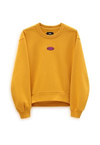 Žlutá mikina s dlouhými rukávy, žebrovanými manžetami a kulatým výstřihem. Na hrudi má purpurový oválný logo "VANS". Měkká textilie.
