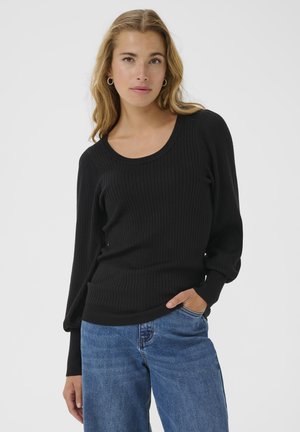 Black ribbed sweater with a round neckline and long sleeves, paired with light blue jeans. Smooth texture with fitted design.