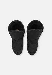 Pantofole in pelle nera con un interno morbido e peloso, caratterizzate da un design con bordi cuciti. Stile open toe con silhouette ampia e arrotondata.