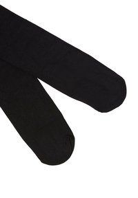 Sorte strømper op til låret med en glat, mat tekstur og rund tådesign. Ingen synlige mønstre eller accenter.