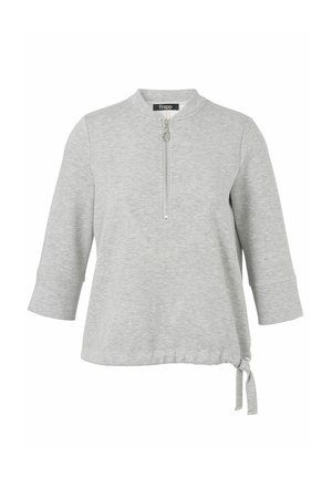 Helles graues Langarmshirt mit viertel Reißverschluss, rundem Halsausschnitt und verstellbarem Kordelzug am Saum.