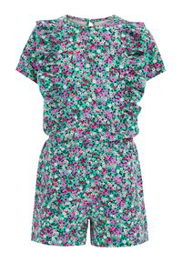 Květinový krátký overal v modrozelené barvě, zdobený růžovými, červenými a bílými květy. Rybkované ramenní detaily a stahovaný pas s zapínáním na knoflík na zadní straně.
