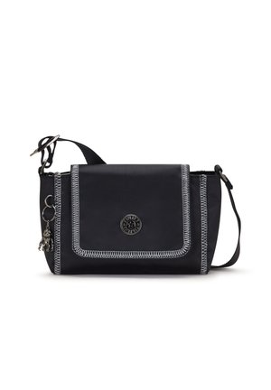 Black crossbody bag made of durable fabric, featuring contrasting white stitching, a flap closure, and a decorative charm attached to the zipper.