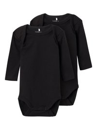 Två långärmade svarta bodysuits i bomull. Egenskaper inkluderar en rund halsringning och tryckknappar i botten för enkel påklädning.