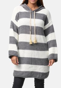 Gestreepte capuchontrui in grijs en wit, voorzien van een gestructureerd breisel, een trekkoord met kwastjes en lange mouwen. Ontworpen voor een ontspannen pasvorm.