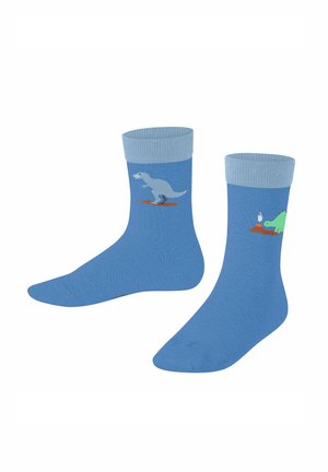 Blaue Socken mit kontrastierenden hellblauen Bündchen. An den Seiten befinden sich Grafiken eines grauen Dinosauriers und eines grünen Dinosauriers, aus weichem Material gefertigt.