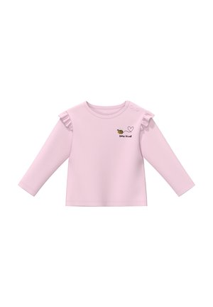 Jasnoróżowa, długorękawowa koszulka dla niemowląt z falbankami na ramionach, dwoma guzikami na ramionach oraz napisem „bee kind” i grafiką pszczoły z serduszkiem na piersi.