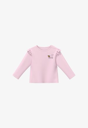Hellrosa Langarm-Babyshirt mit gerafften Schulterdetails, zwei Schulterknöpfen und dem Schriftzug "bee kind" mit einem Bienen- und Herzmotiv auf der Brust.