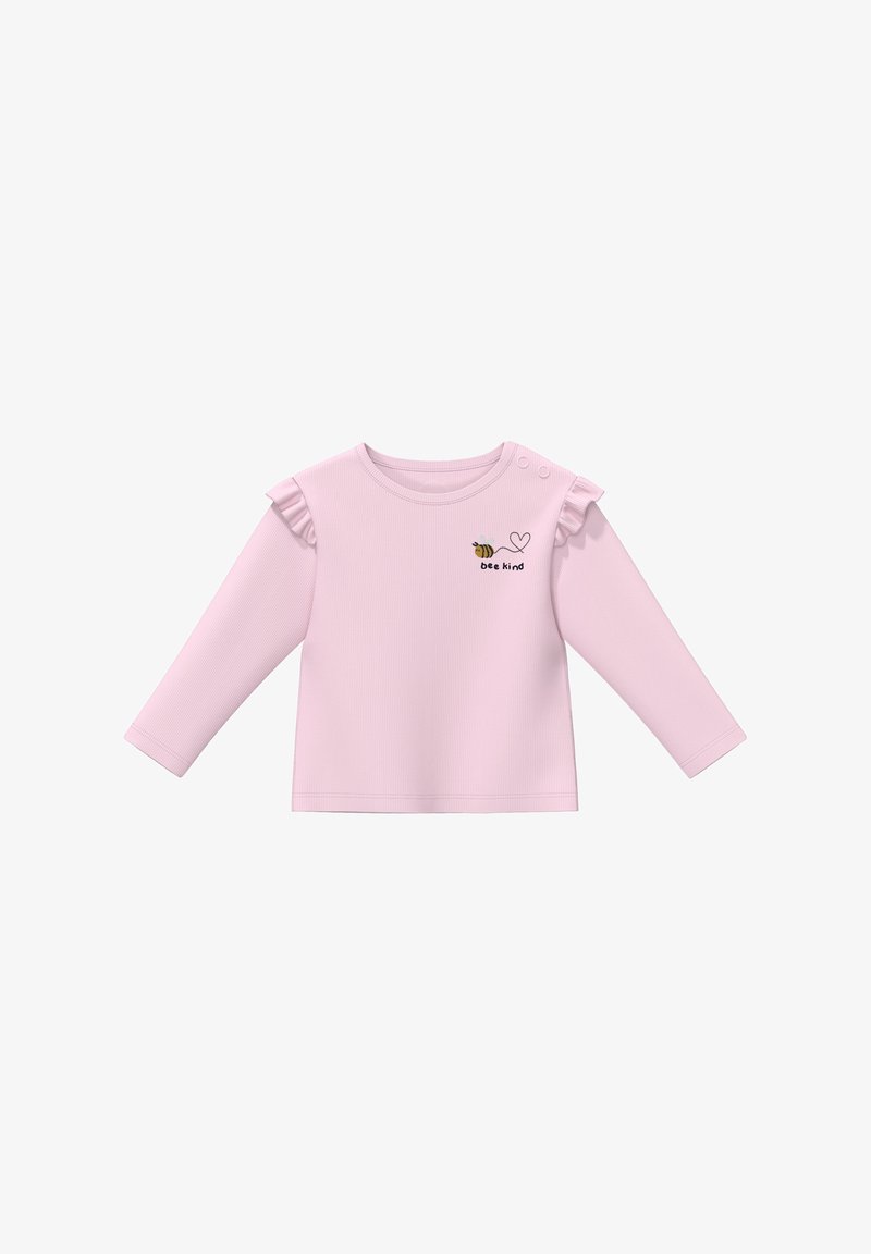 Chemise bébé à manches longues couleur rose clair avec détails à volants sur les épaules, deux boutons aux épaules, et texte "bee kind" accompagné d'un dessin d'abeille et de cœur sur la poitrine.