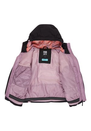 Helle rosa und schwarze Jacke, offen, um die rosa Mesh-Tasche, den elastischen Saum und das orangefarbene gemusterte Innenfutter der Kapuze mit Roxy- und DryFlight-Labels zu zeigen.
