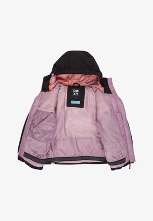 Helle rosa und schwarze Jacke, offen, um die rosa Mesh-Tasche, den elastischen Saum und das orangefarbene gemusterte Innenfutter der Kapuze mit Roxy- und DryFlight-Labels zu zeigen.