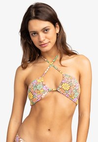 Bloemdruk bikini top in pastelkleuren met een kruislingse ontwerp, een centrale sleutelgat uitsparing en dunne bandjes.