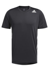 Černé atletické tričko vyrobené z materiálu odvádějícího vlhkost. Obsahuje krátké rukávy, kulatý výstřih a bílé pruhy na ramenou s logem.