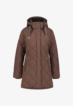 Braune gepolsterte Jacke mit Rautenmuster, seitlichen Reißverschlusstaschen, abnehmbarer Kapuze und silbernen Hardware-Details.