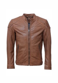 Braune Lederjacke mit Stehkragen, gerippten Schulterdetails, Frontreißverschluss und zwei seitlichen Reißverschluss-Taschen. Glatte Textur, taillierter Schnitt.