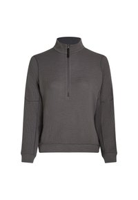 Pullover grigio a mezza zip realizzato in tessuto texturizzato, con colletto rialzato e polsini a coste. Design minimalista senza motivi.