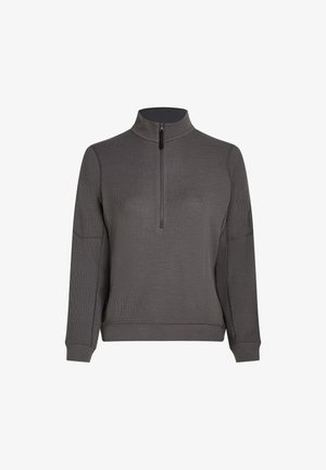Grå kvart-zip trøje lavet af tekstureret stof, med en opretstående krave og ribbede manchetter. Minimalistisk design uden mønstre.