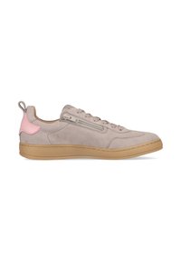 Light gray suede sneakers with a pink accent on the heel, round toe, rubber sole, and detailed stitching. Side zipper for easy wear.