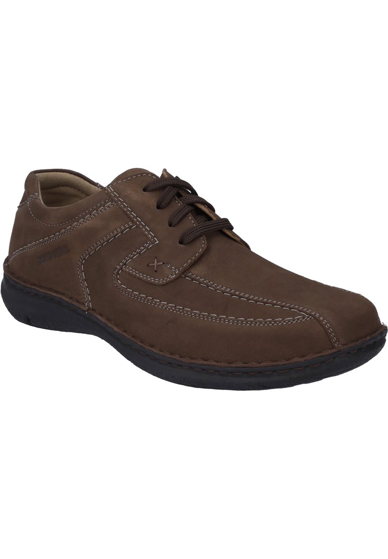 Brown leather lace-up shoes with contrasting white stitching, rounded toe, and a flexible black rubber sole.