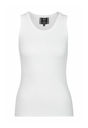 Witte tanktop van ribstof, met een ronde halslijn, aansluitend ontwerp en zonder zichtbare patronen of accenten. Maattag zichtbaar in de nek.