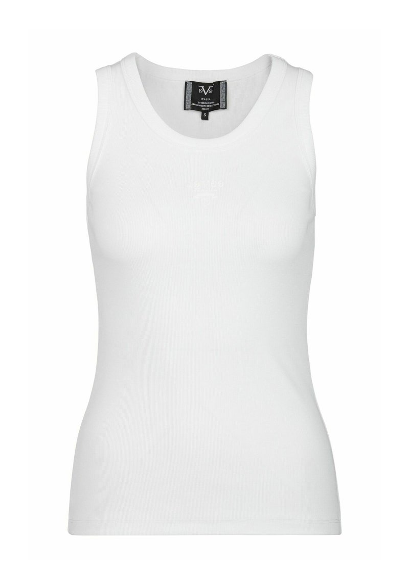 Witte tanktop van ribstof, met een ronde halslijn, aansluitend ontwerp en zonder zichtbare patronen of accenten. Maattag zichtbaar in de nek.