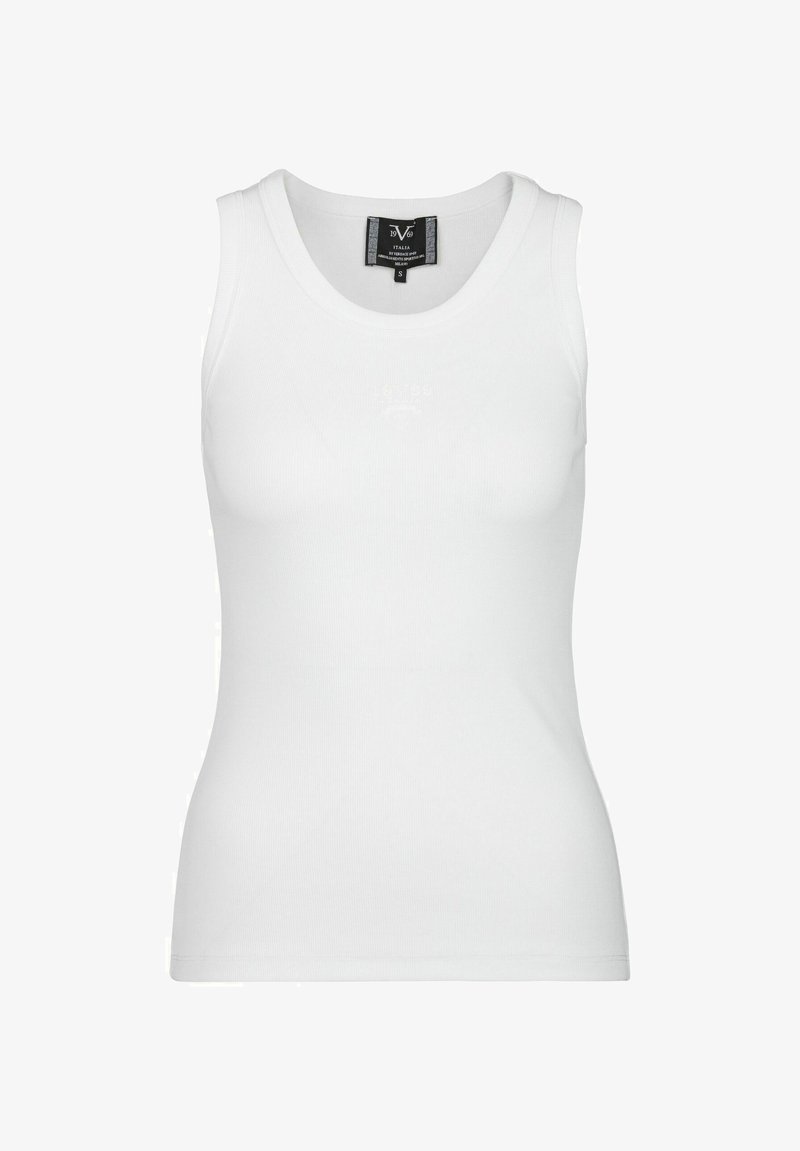 Weißes Tanktop aus geripptem Stoff, mit rundem Halsausschnitt, taillierter Passform und ohne sichtbare Muster oder Akzente. Größenetikett im Nacken sichtbar.