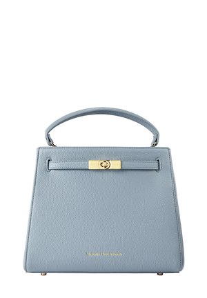 Borsa a mano in pelle blu chiaro con design strutturato, manico superiore, chiusura in metallo dorato e logo in rilievo sul fronte.