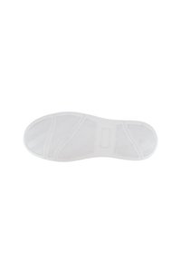 White rubber shoe sole with textured herringbone pattern, rounded toe, and flat heel. Features a smooth surface and minimal branding.