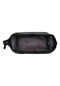 Must värviline nahast kosmeetika kott hõbedase tõmbluku ja halli kangaga vooderdusega, millel on veekindel tekst ja buklaki muster.